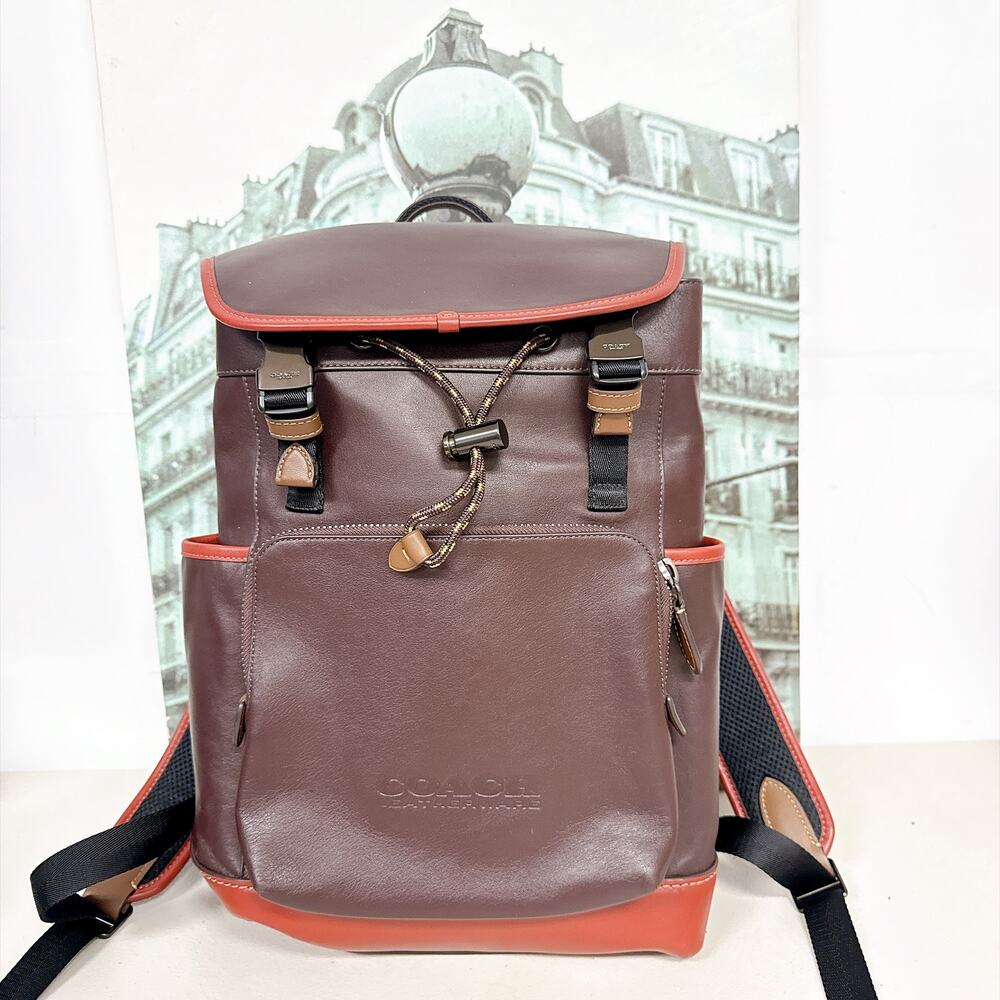 Coach C5342 League Flap Calf Leather Backpack Black Oxblood Color block Men Bag